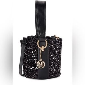 NWT Bagdley Mischka Black Sequin Bucket Bag with Gold Accents